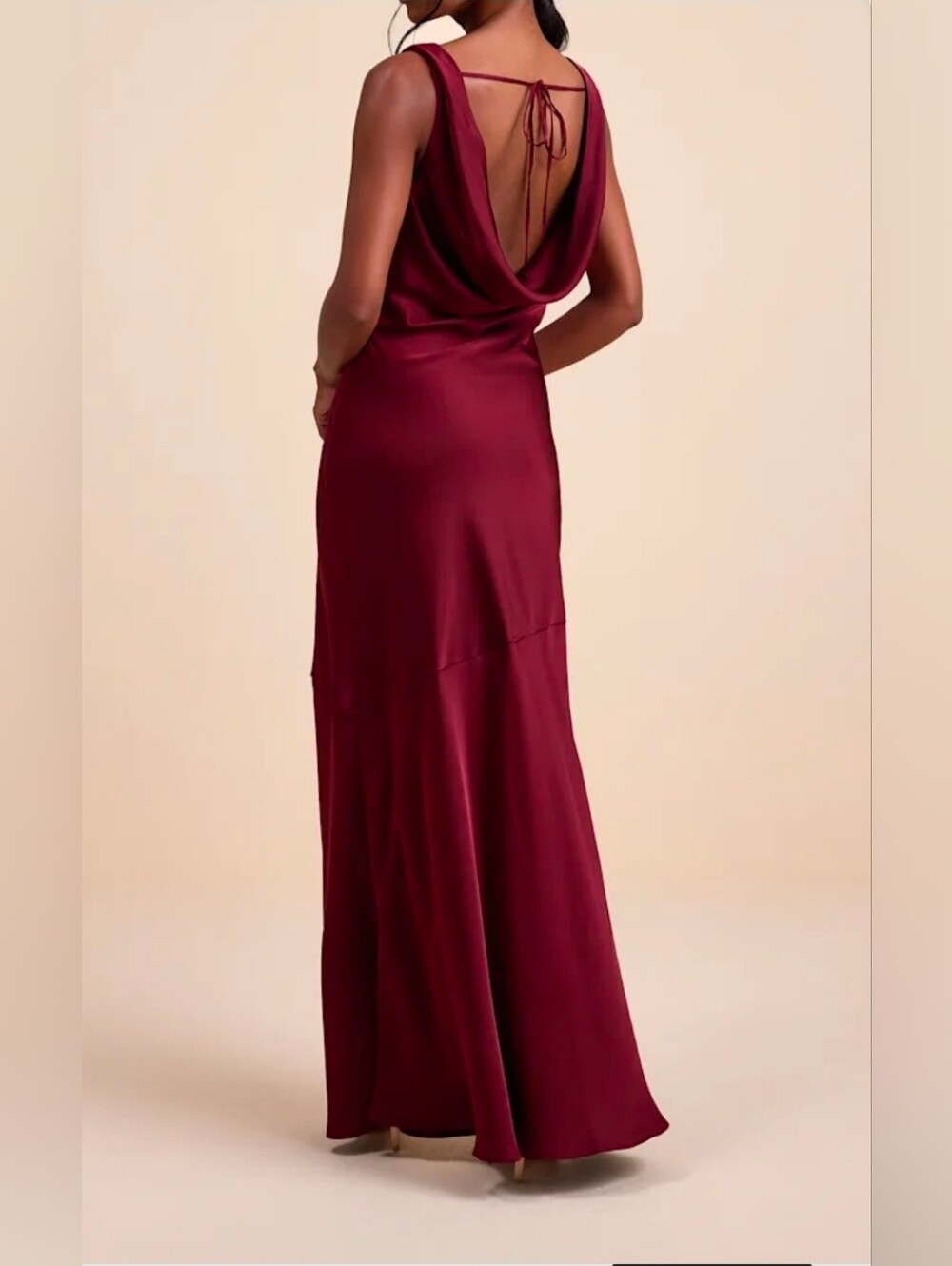 Lulus Aernah Wine Red Satin Cowl Tie-back Slip Maxi Dress